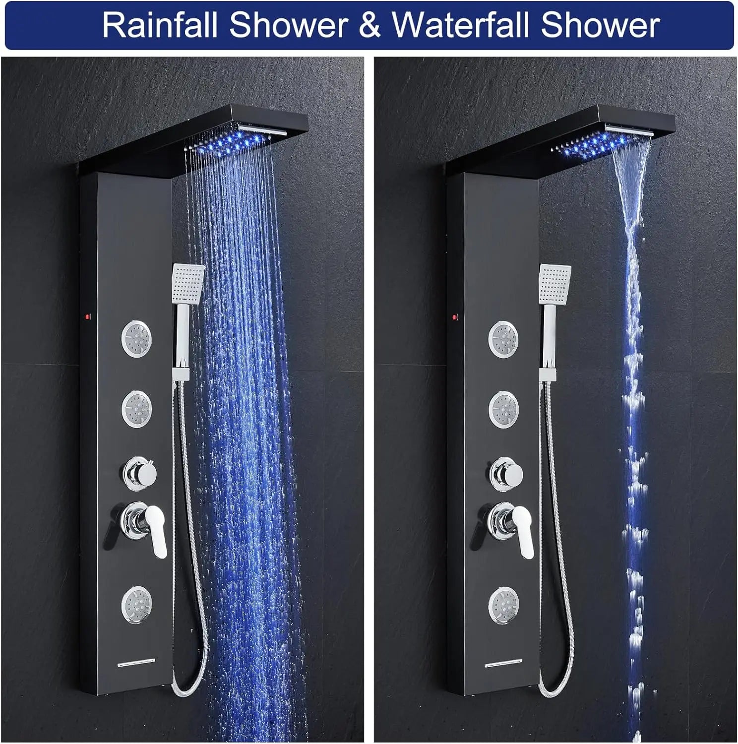 KEMAIDI LED Shower Panel Tower System with Rainfall Waterfall Shower Black Shower Panels with Jets and Rainfall and Handheld