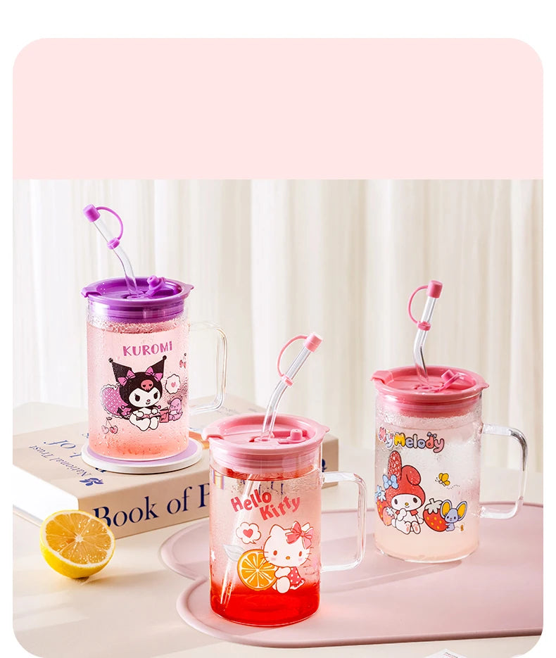 For Sanrio Collaboration Straw Glass Cup Transparent Coffee Mug Cartoon Print Water Cup with Scale＆Handle Home/Office Drinkware