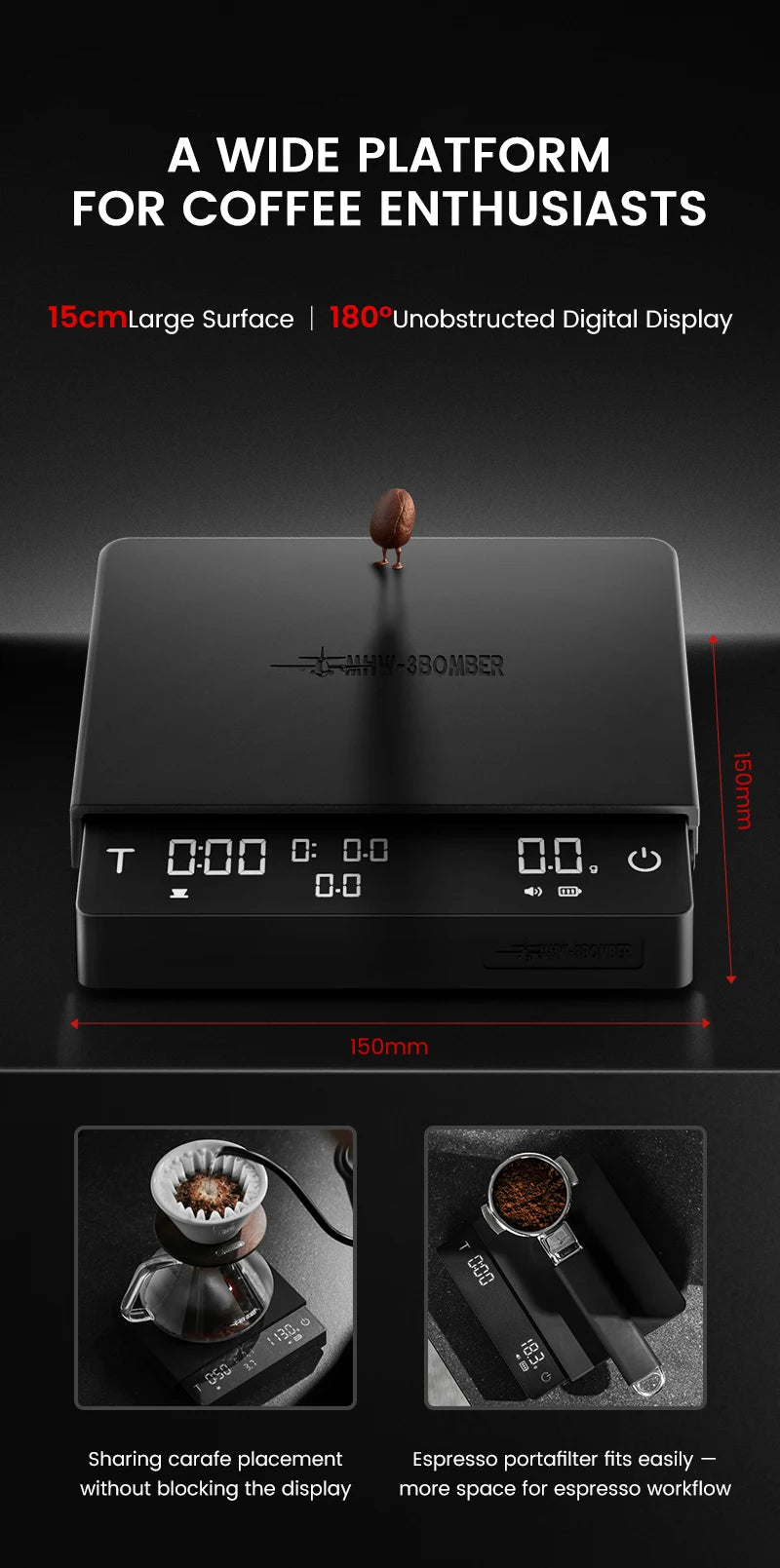 MHW-3BOMBER Upgrade Digital Kitchen Coffee Scale High Precision Rechargeable Espresso Electronic Scale Barista Accessories