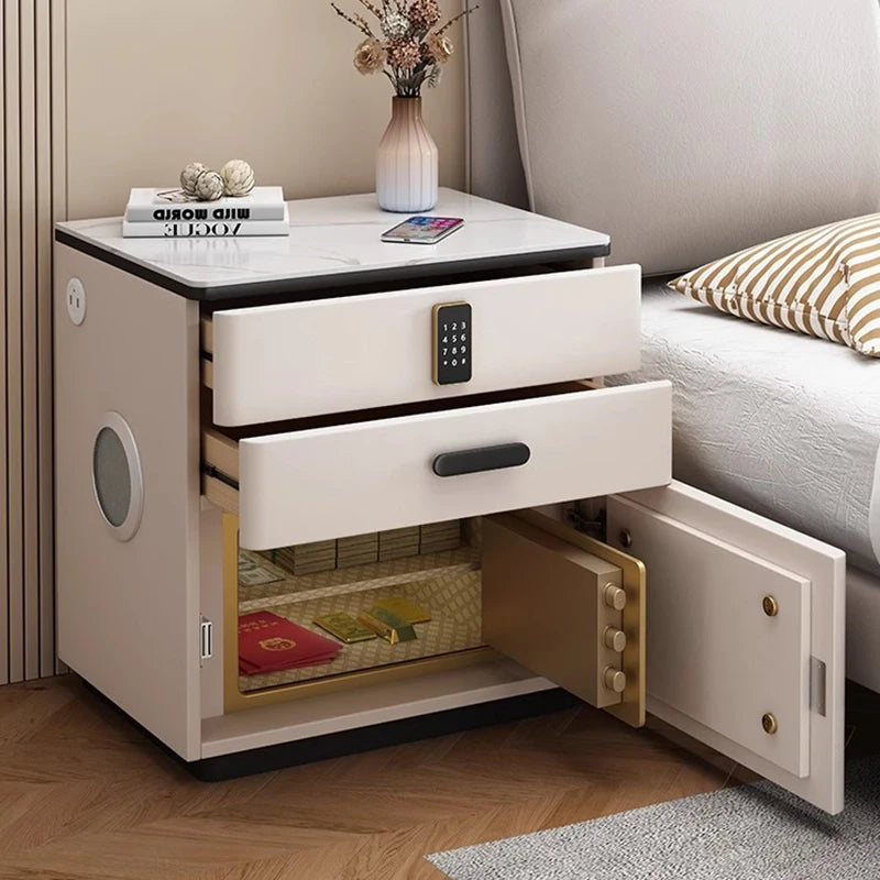 Safe Luxury Bedside Table With Lock Secret Compartment Glamour Metal Nightstands Designer Multifunctional Criado Mudo Furnitures