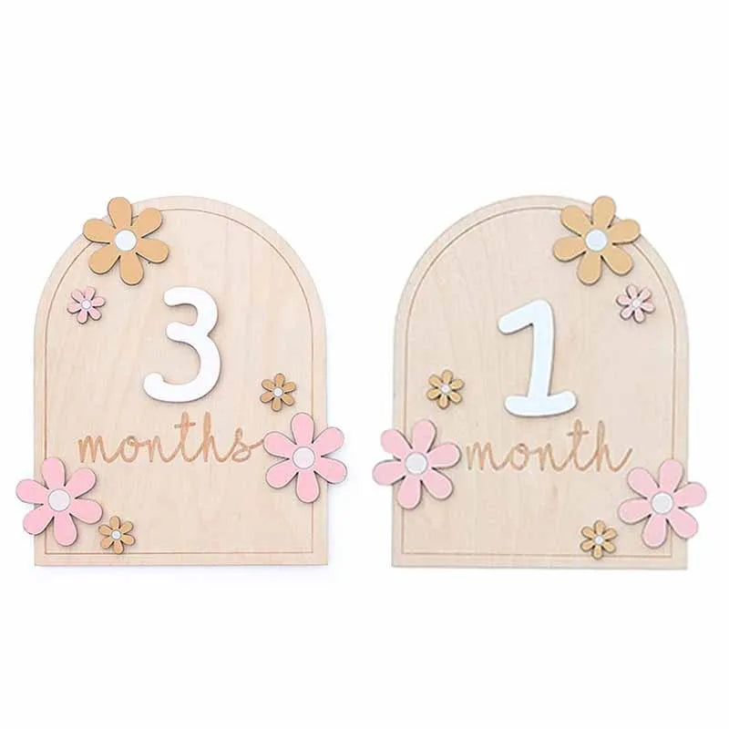 Newborn Wooden Monthly Milestone Cards Keepsakes Double Sides Flowers Number Month Girls Boys Baby Photography Props Accessories