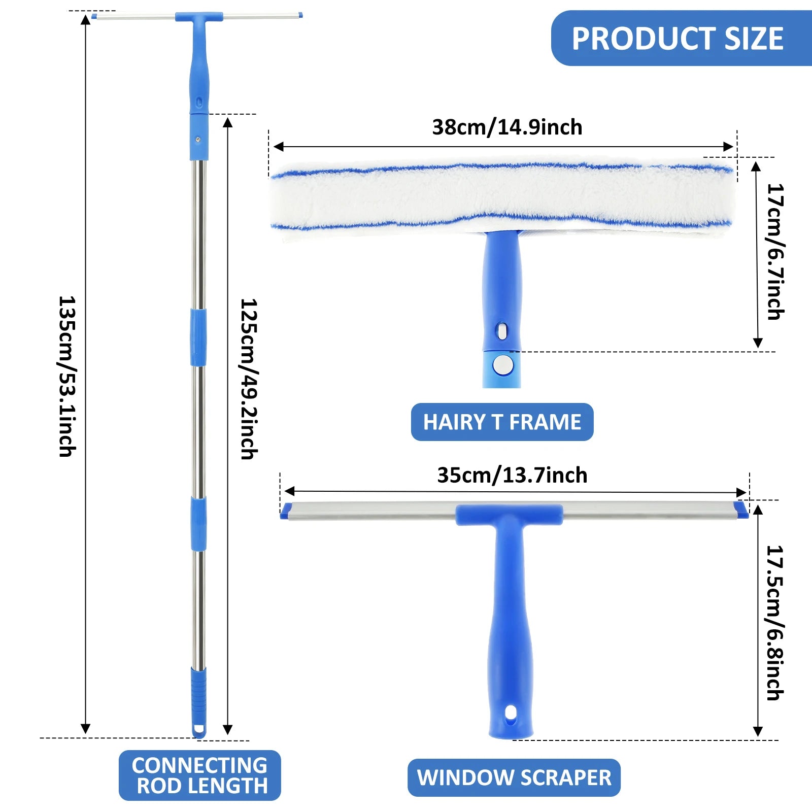 3 in 1 Glass Brush Windows Cleaner Squeegee with 53in Long Hand Professional Household Window Water Stain Cleaning Tool for Bath