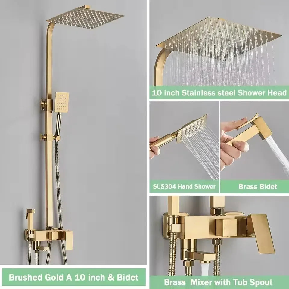 Black Gold Bathroom Shower System Brass Hot Cold Bathroom Faucets Set Accessories 10 Inch Stainless Steel Rain Shower Head