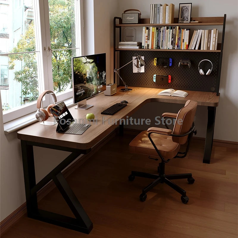 Industrial Style Solid Wood Office Desk Space-Saving L-Shaped Corner Computer Desk Home Writing Gaming PC Table with Steel Legs
