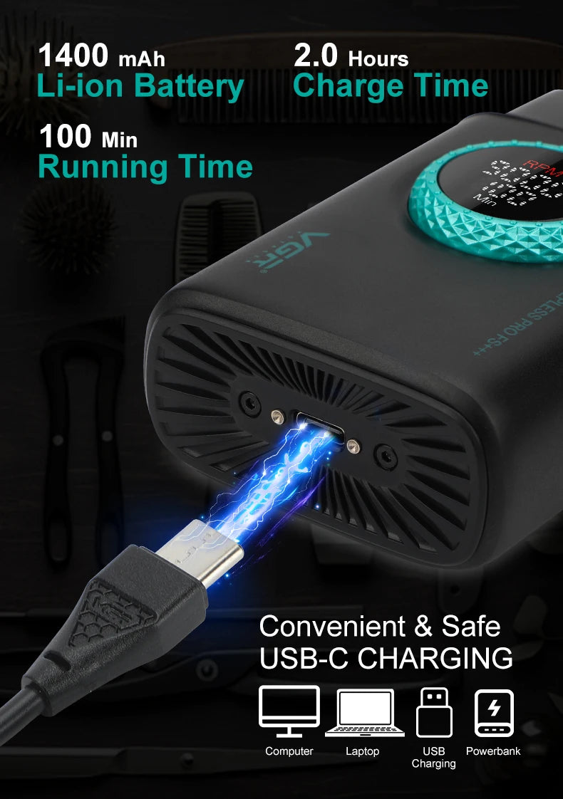 VGR high-end men's shaver alloy reciprocating three blade shaver LED intelligent digital display 9000 speed hair trimmer V-378