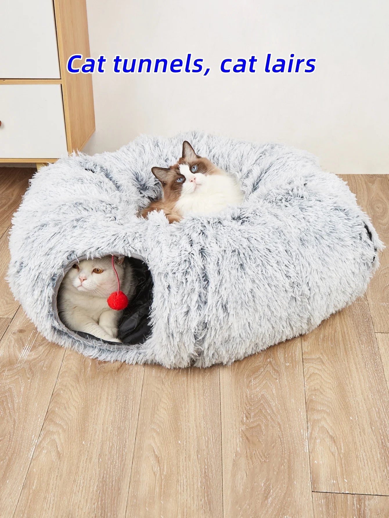 Winter Plush Cat Bed with Tunnel for Indoor Cats, Multifunctional Cat Tunnel Bed with Peephole, Fluffy Donut Cat Bed with Tunnel