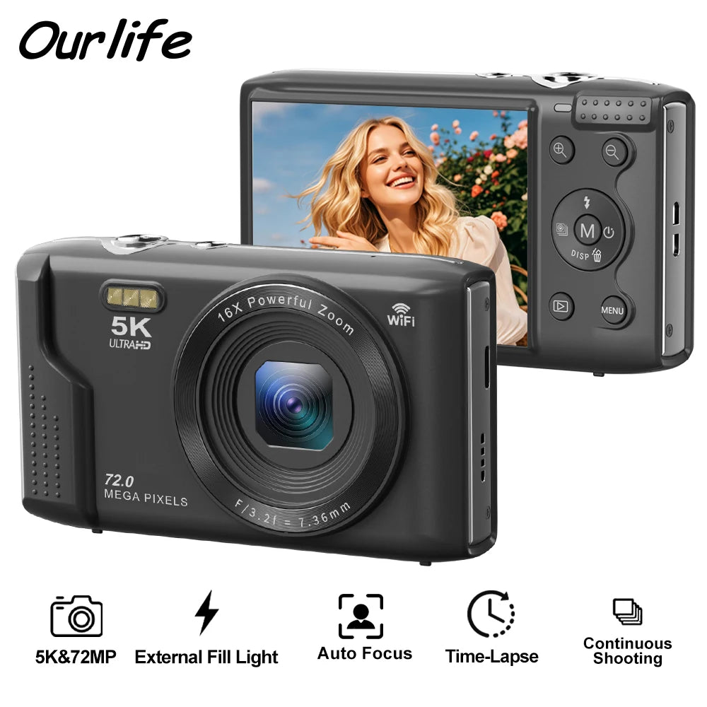 Ourlife Compact Digital Camera 5K 72MP 2.8'' Screen LCD Screen 16X Digital Zoom Vintage Photography Vlog Video Recorder YouTube