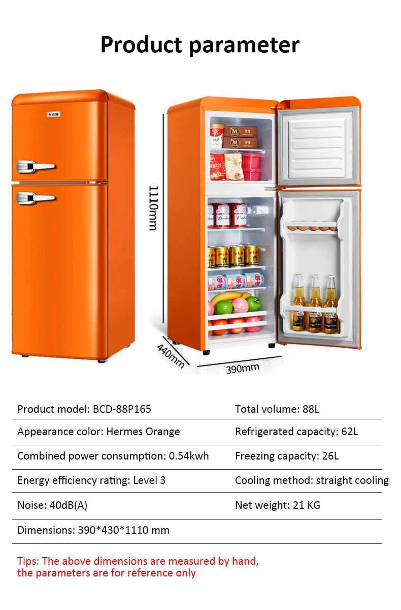 Double Door Refrigeration Freezing Mini Small Medium Silent Energy-saving Retro Refrigerators with Handle for Office Home Hotel