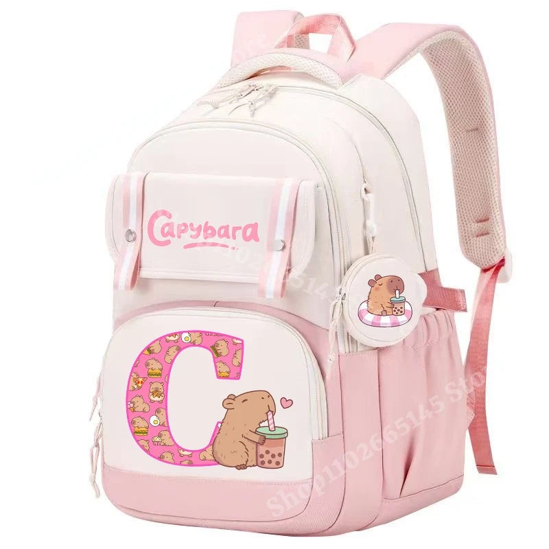 Capibara Cute Backpack Girl Anime Capybara Letter A-Z School Bags Kids Outdoor Sport Shoulders Bag Travel Rucksack Children Gift
