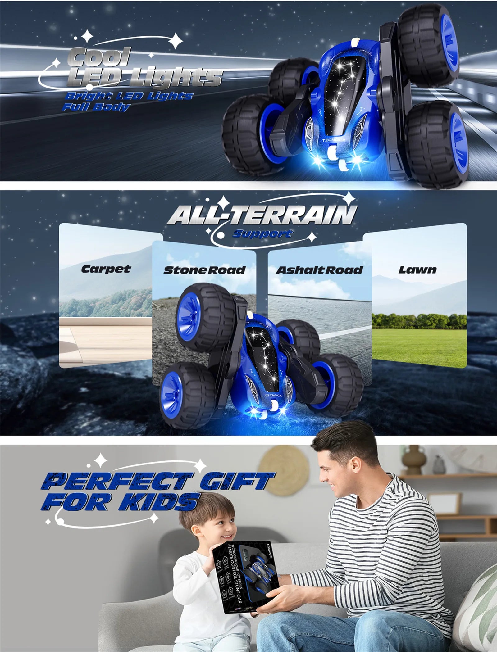 Remote Control Car with Lights, Type-C Fast Charging, 2.4GHz Double Sided Flips RC Cars, 360° Rotates RC Stunt Car Toys for Kids