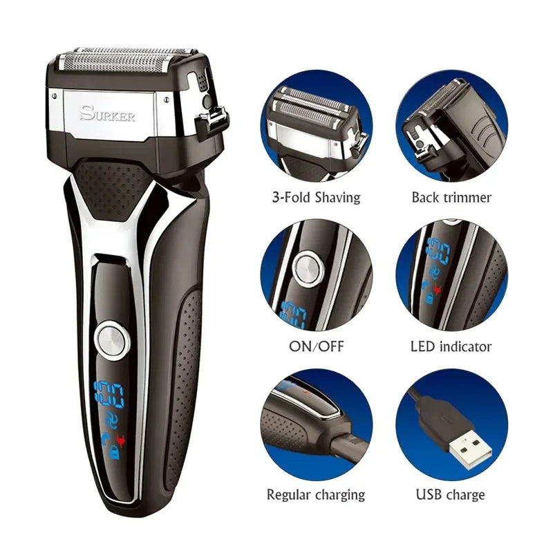 Surker Electric Shaver for Men Rechargeable Intelligent Reciprocating Type Razor Washable Digital LCD Display Shaving Machine