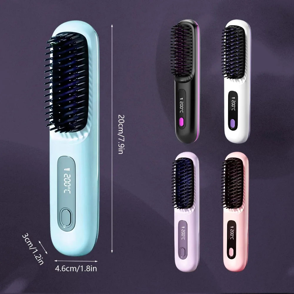 Portable Straightener Brush& Curler 2-in-1– Cordless Comb with Negative Ion,4000mAh Fast Heating&Portable Travel