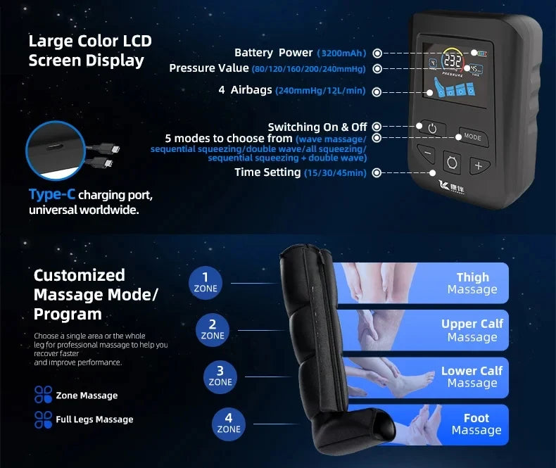 Air Compression Leg Massager Boots Foot Calf Pressotherapy Air Pressure Therapy Device 4 Chamber Fast Recovery Massage Machine