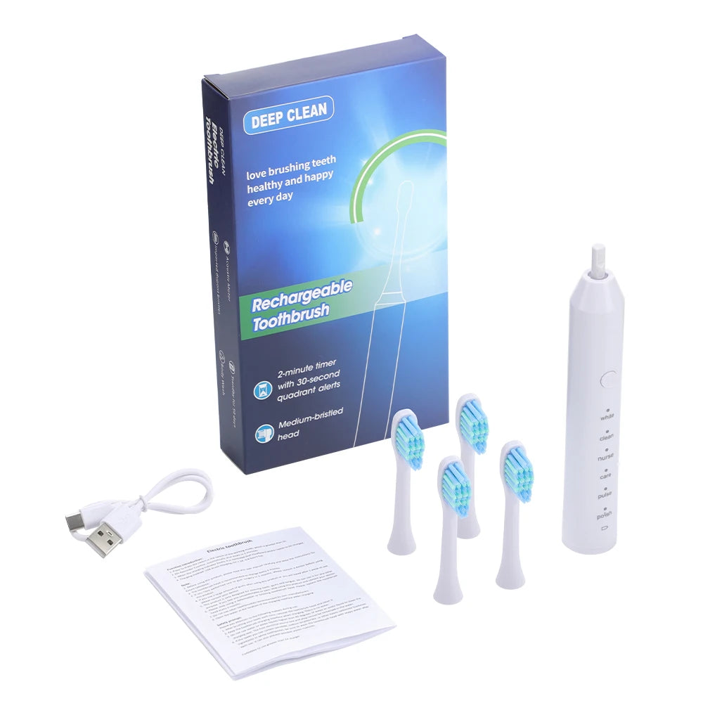 Electric Sonic Toothbrush 2-Minute Smart Timer 6 Modes  Deep Clean With 4 Brush Heads Oral Care Rechargeable for Adults
