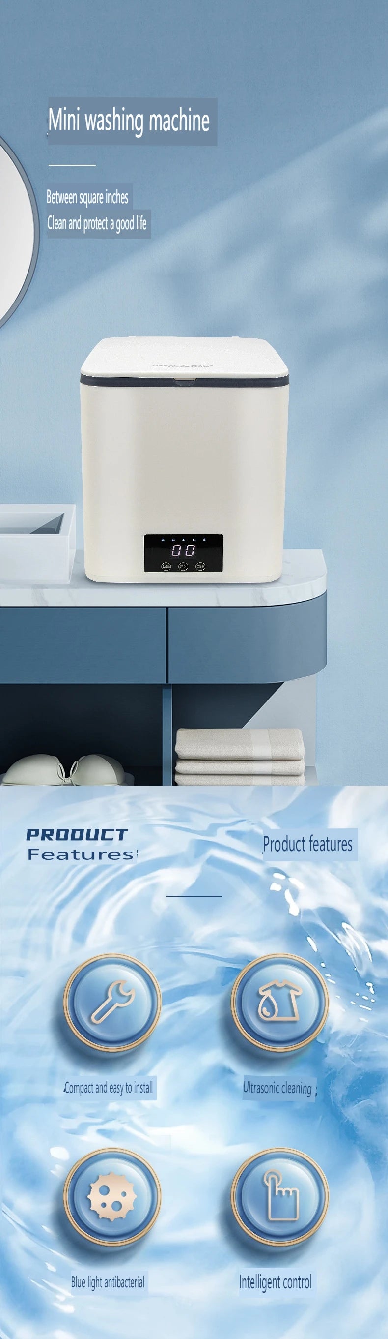 Mini Portable Washing Machine Ultrasonic Cleaning Blue-Purple Light Antibacterial for Socks Underwear Towels Small Clothes