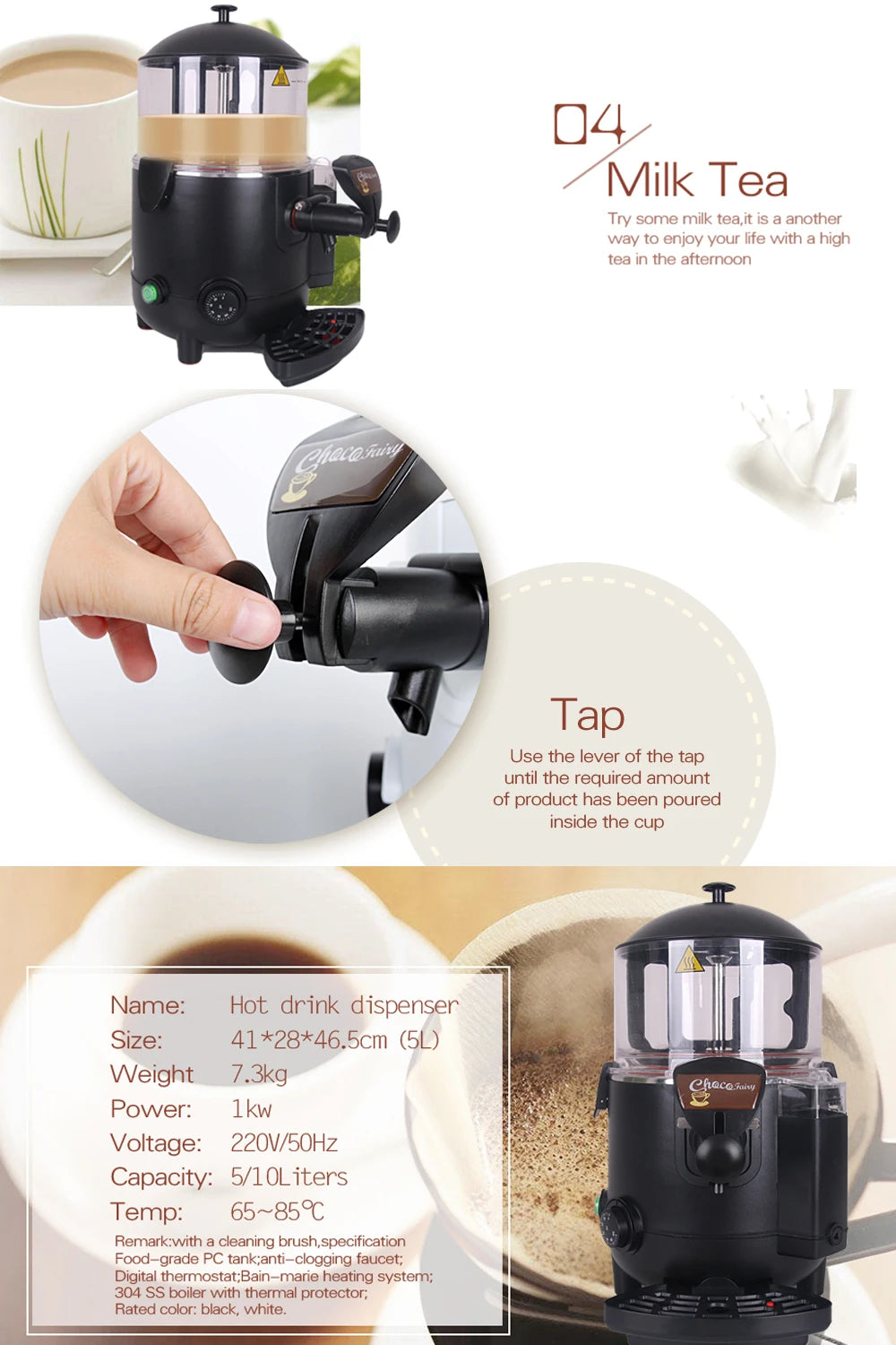 GZKITCHEN Black Chocofairy Hot Chocolate Dispenser Water Bath System 5L Hot Beverage Coffee Milktea Dispenser