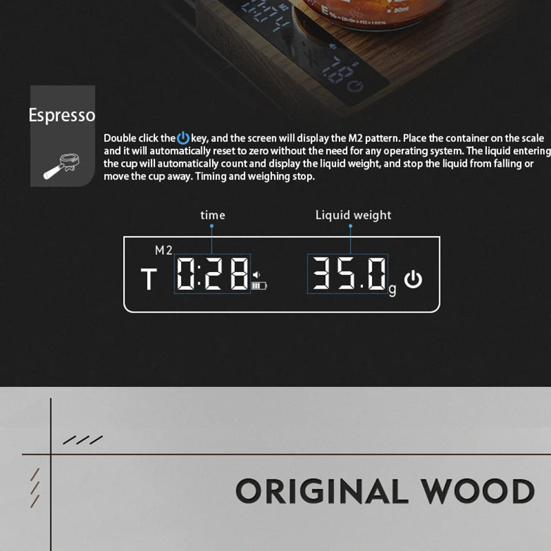 MUVNA Mini Digital Wood scale, Professional Electronic Coffee Scale for Espresso/Hand Drip Coffee 0.1g of high-precision, 2kg