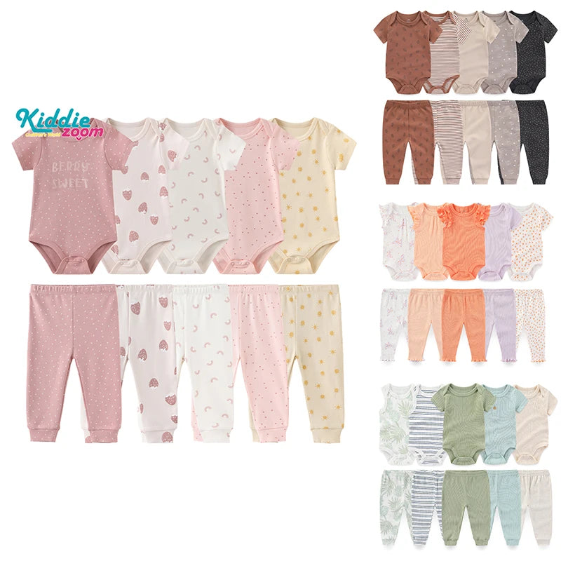 Kiddiezoom 10 Pcs/Lot Four Seasons Fashion Unisex Baby Boy Girl Clothing Set Soft Newborn Bodysuits+Pants Infant Outfit Gift