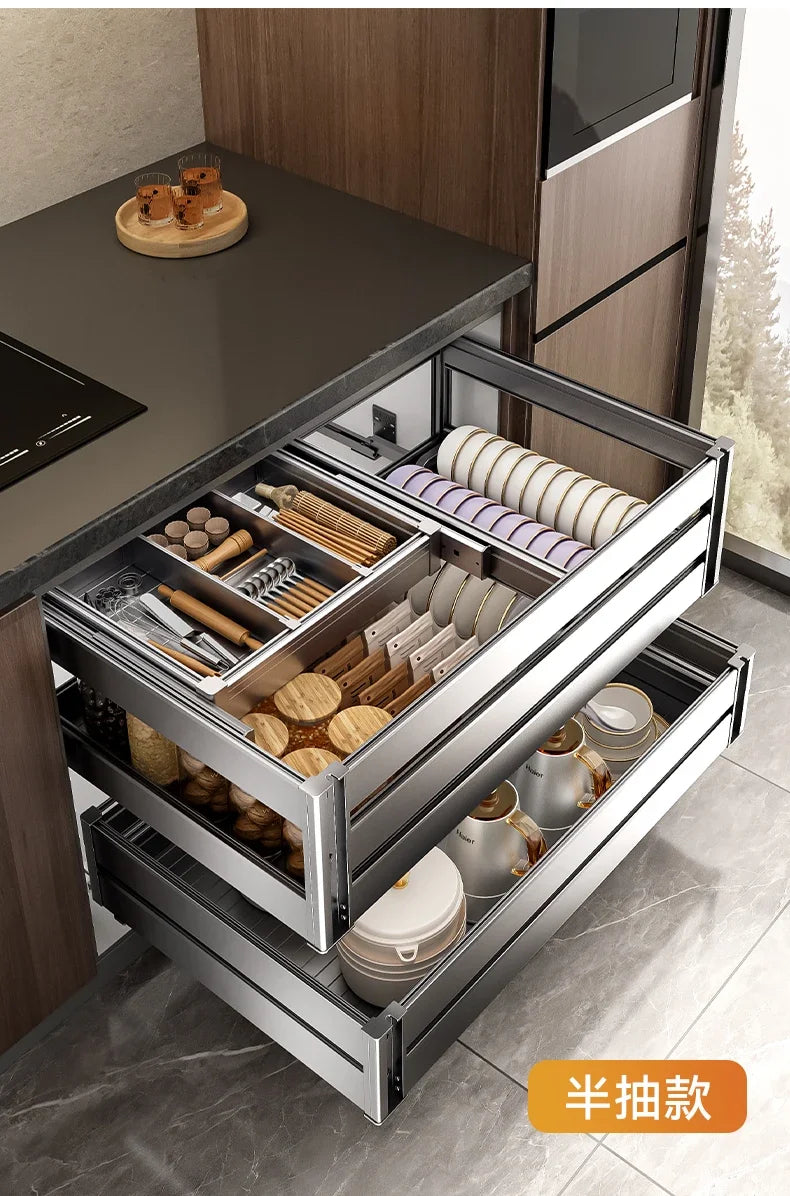 Kitchen Cabinets Dish Baskets Double Drawer Bowl Rack Seasoning Storage