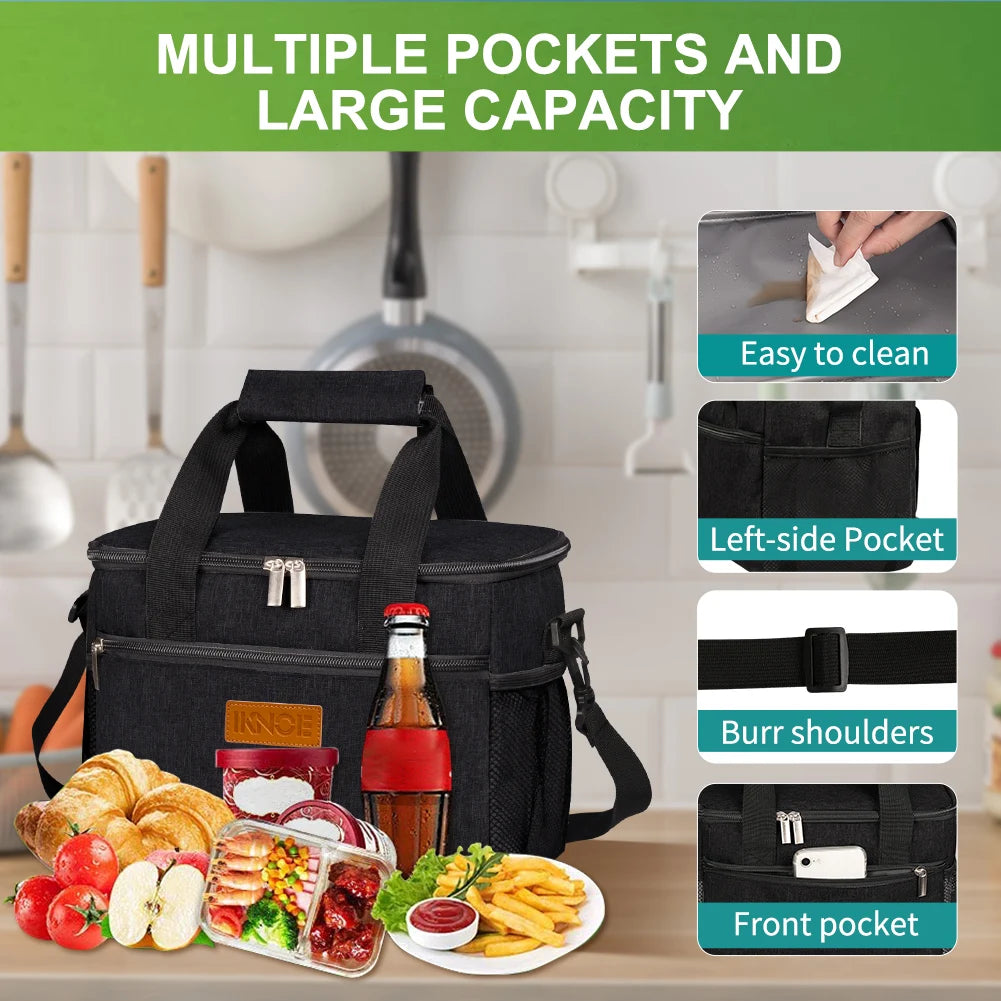 1Pcs Black Insulated Lunch Box Bag Insulation Ice Pack Student Portable Dinner Picnic Food Hand-held with Storage Handbag