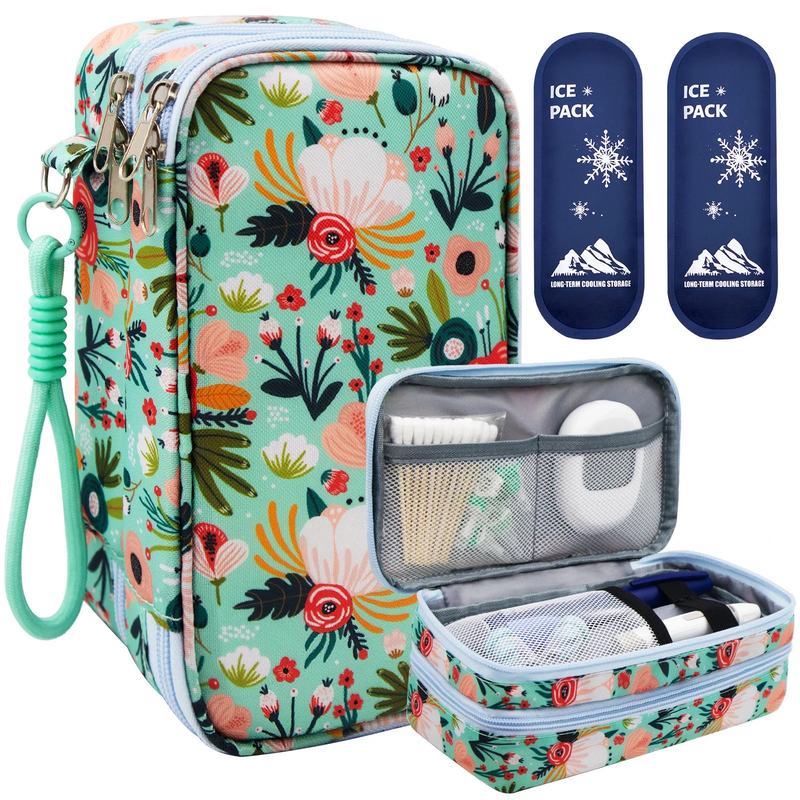 Insulin Cooler Bag with Ice Packs, Travel Medicine Organizer for Diabetes, Double Layer Storage Case