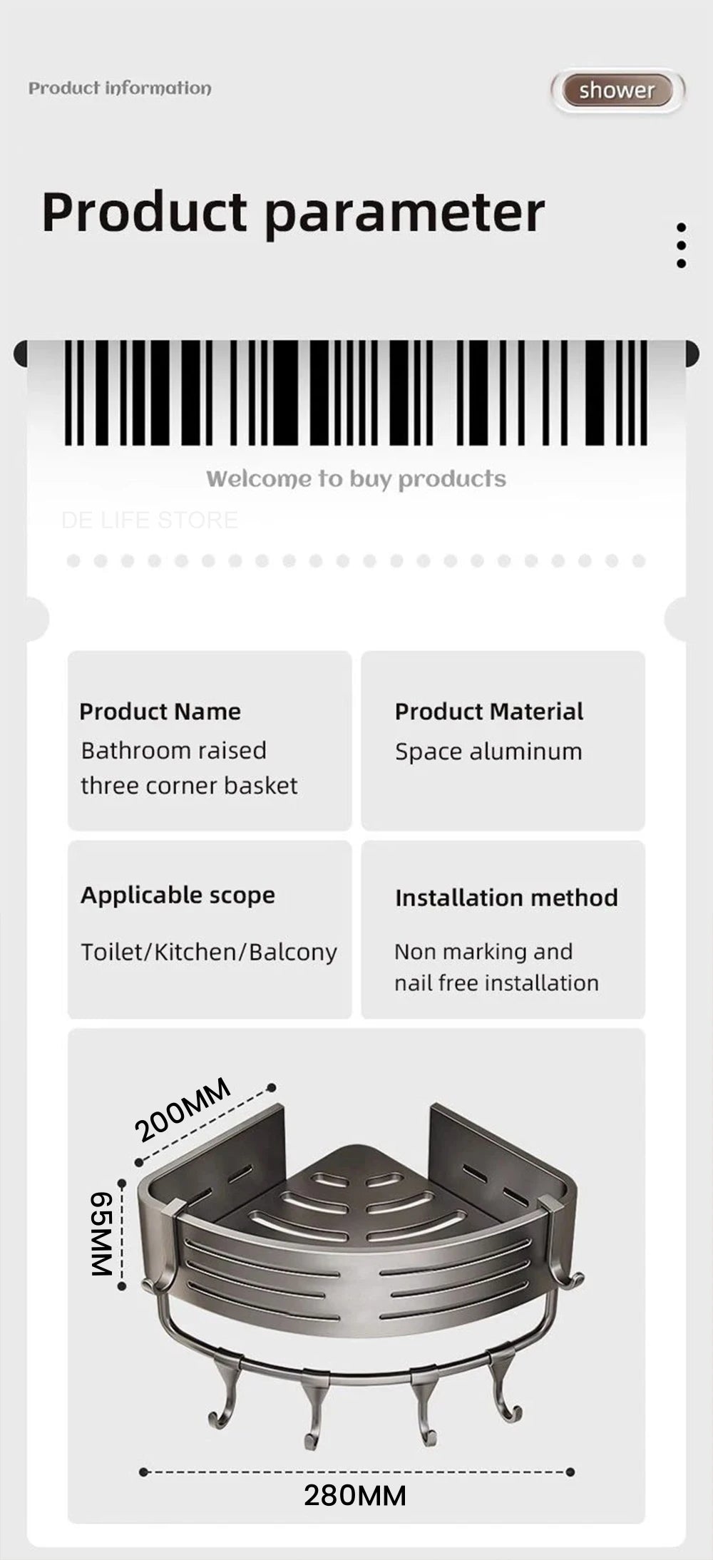 1-2PCS Bathroom Corner Shelf with Plastic Hook Towel Bar No Drill Space Aluminum Shower Storage Rack Bathroom Organizer