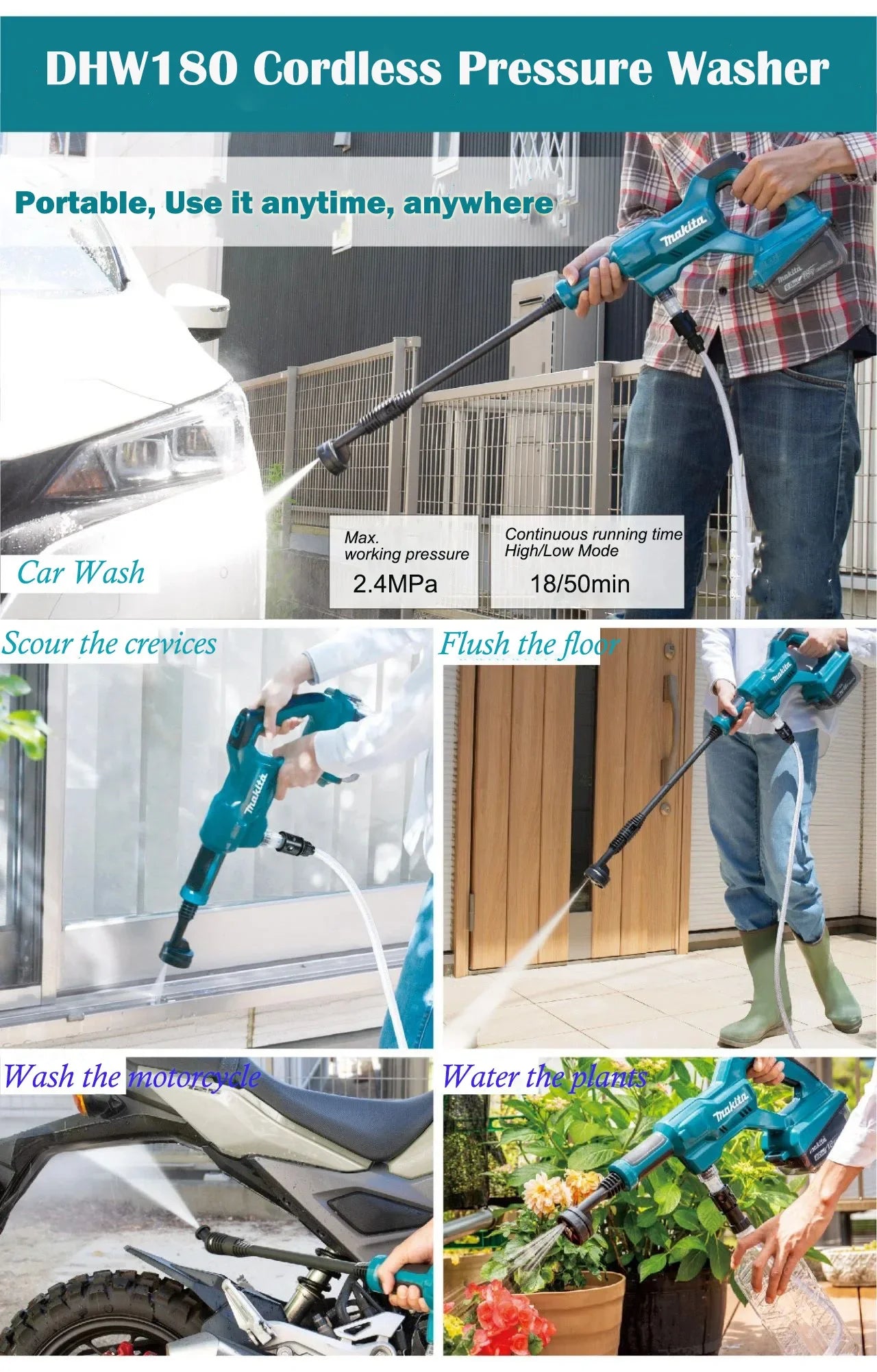 Makita 18V Rechargeable Cleaning Machine DHW180 Wireless Lithium Battery Outdoor Household Water Gun Handheld Car Wash Tool🚗