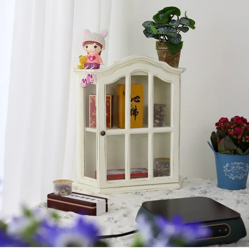 ‌Rustic Farmhouse Display Cabinet with Glass Doors Distressed White Solid Wood Storage Organizer for Kitchen/Office Vintage