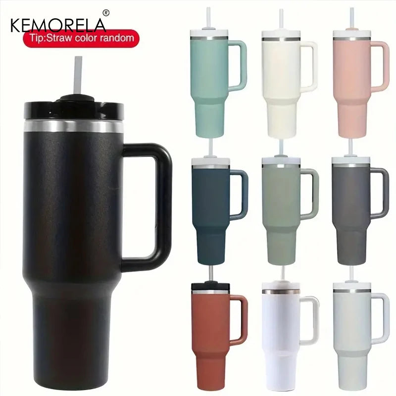 KEMORELA 1PC 900/1200ML Large Capacity Cold Cup Tumbler Stainless Steel Cup Straw Ice Cup Car Cup Handle Thermos Cup Drinkware