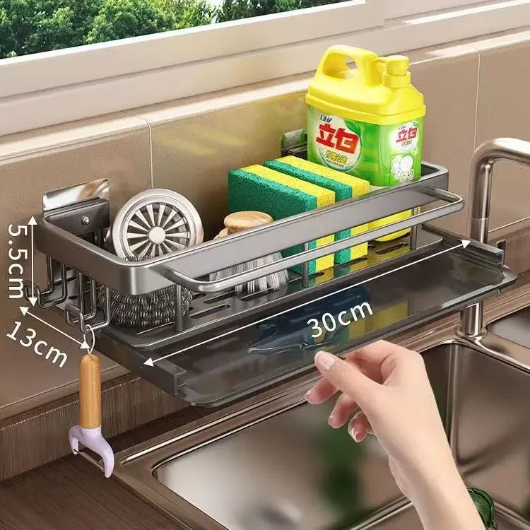 Aluminum Kitchen Storage Rack No-drill Sink Drain Rack Self-draining Sink Shelf Sponge Holder Dishcloth Towel Rack Filter Basket