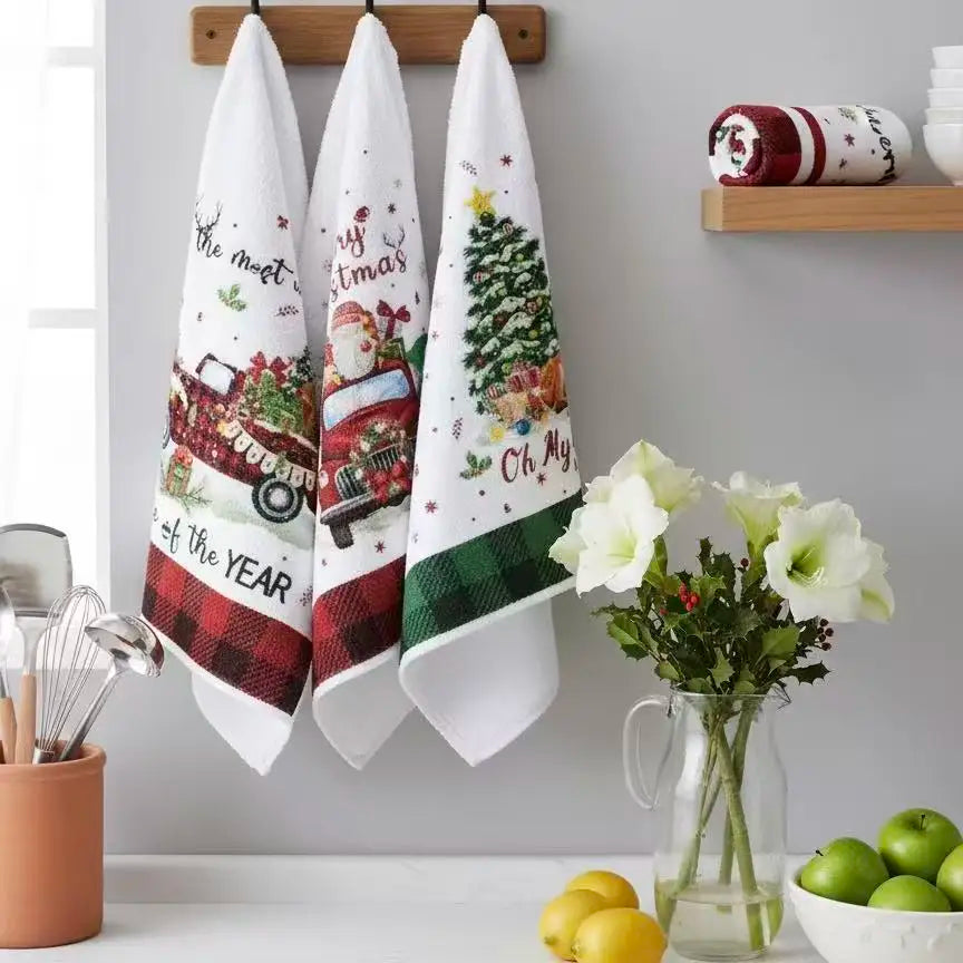 5Pcs Christmas Kitchen Towels and Dishcloth Absorbent Santa Snowman Truck Hand Dish Tea Towel Winter Holiday Decoration for Xmas