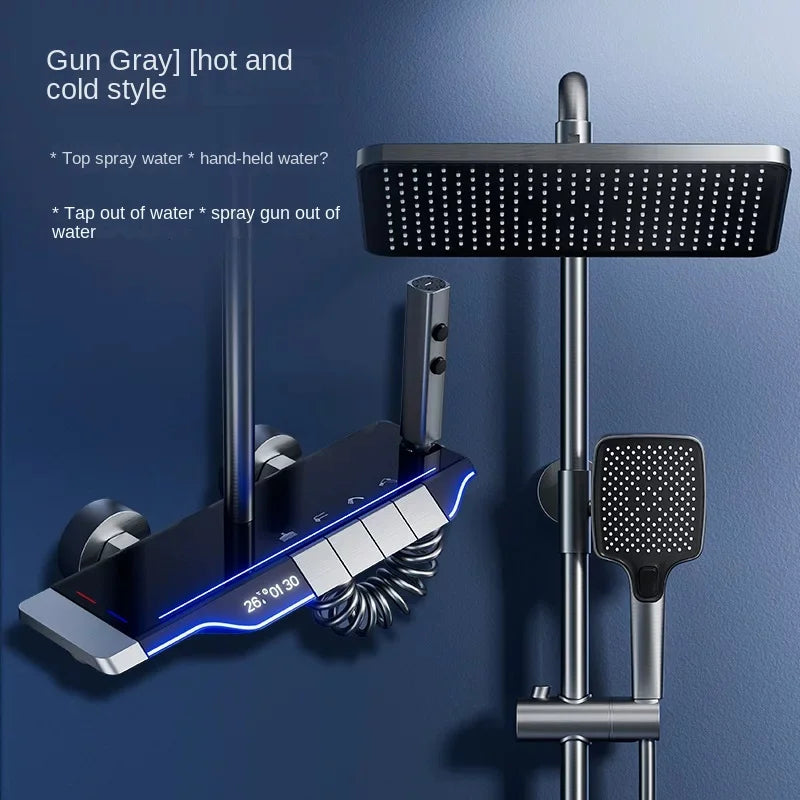 Luxury Wall Mounted Smart Button Digital Display Shower Set Thermostat System Glass Countertop Bathroom Brass Rain Shower Set