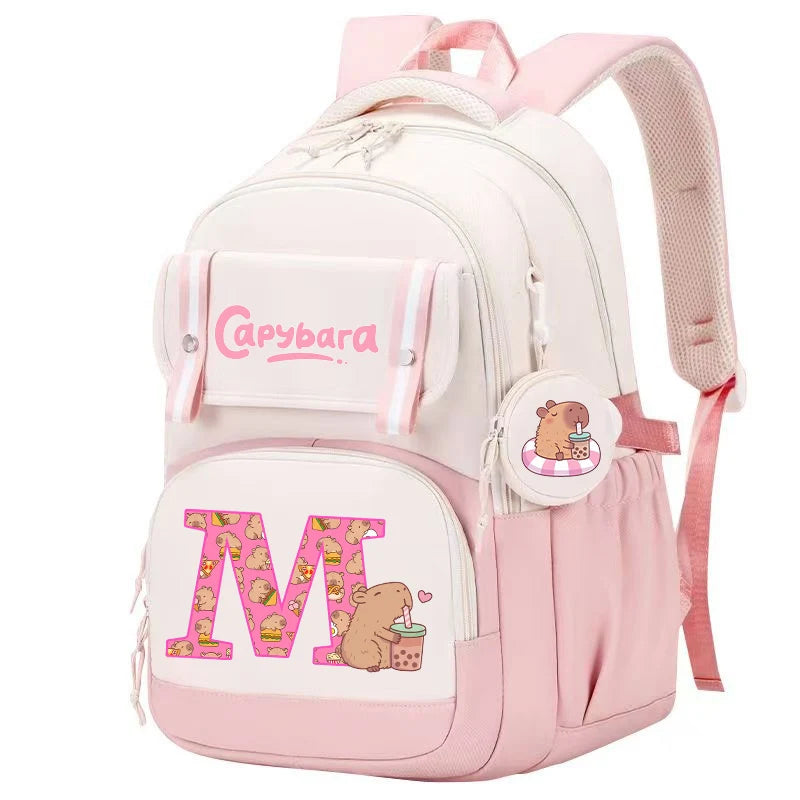 Capibara Cute Backpack Girl Anime Capybara Letter A-Z School Bags Kids Outdoor Sport Shoulders Bag Travel Rucksack Children Gift