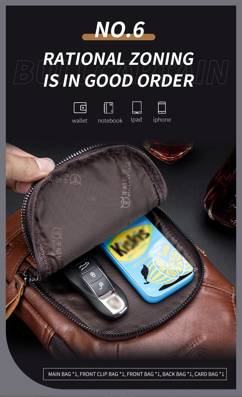 Bullcaptain Leather Large Capacity Chest Bag Men's Shoulder Bag with USB Port for Outdoor Casual Activities