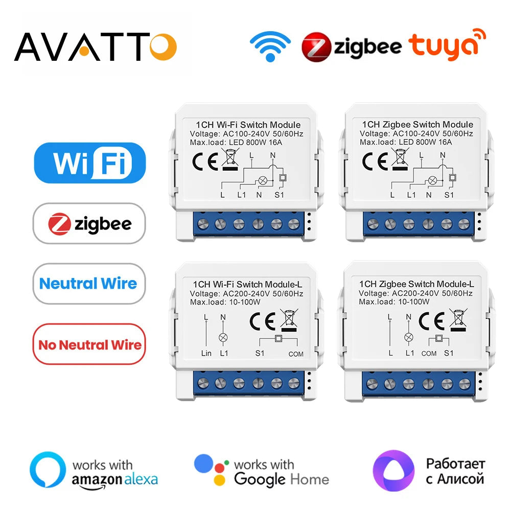 AVATTO Tuya WiFi Zigbee Smart Light Switch Module，Neutral Wire/No Neutral Wire Control DIY Breaker Work For Alexa, Google Home