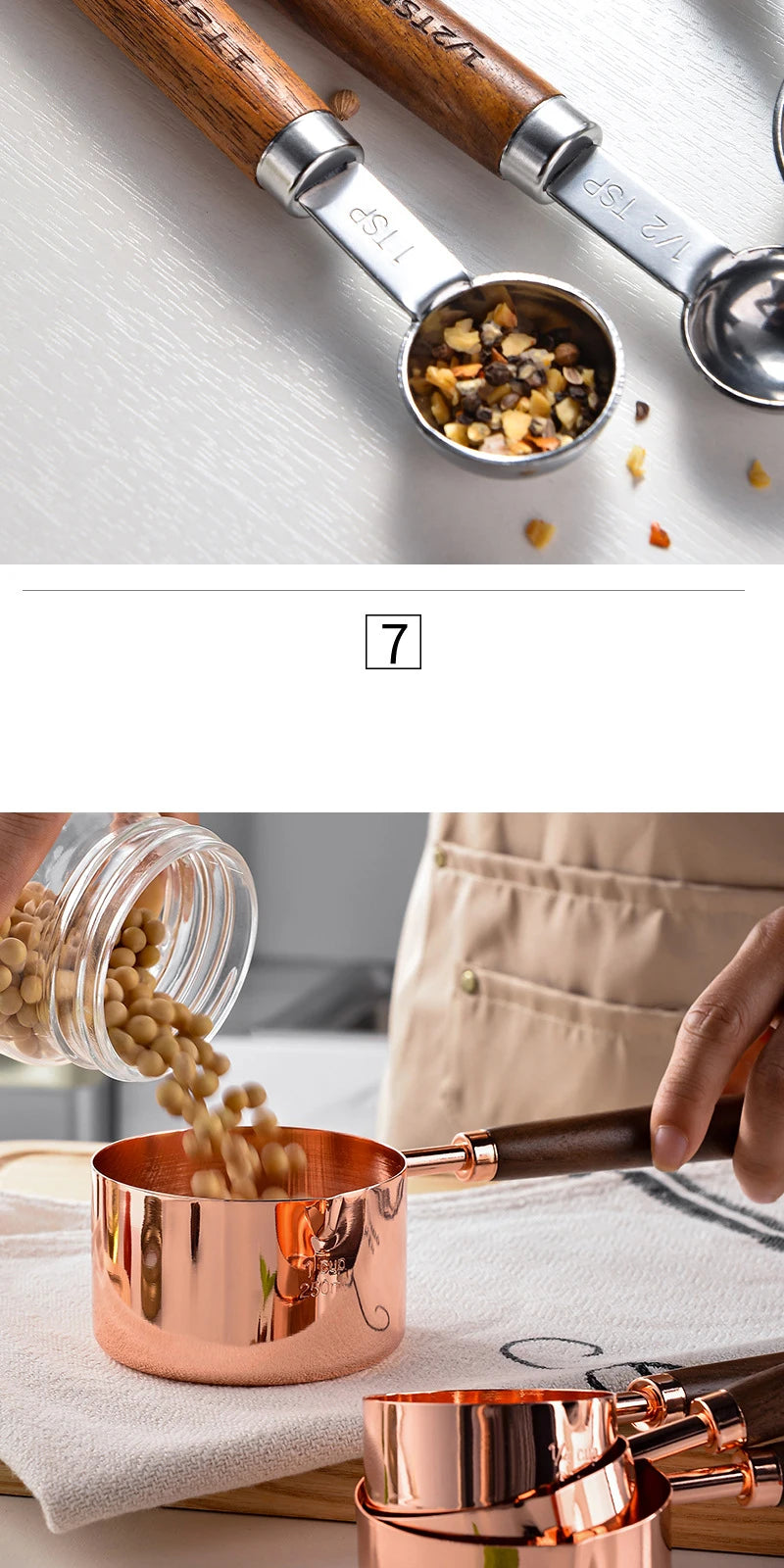 Measuring Spoon Set Wooden Handle Stainless Steel Measuring Cups Spoons Baking Tools Coffee Bartending Scale Kitchen Accessories