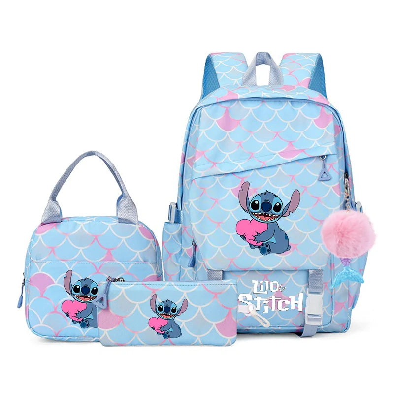 3Pcs Backpack Set Lilo Stitch Girl Kid Student Schoolbags Double Shoulder Bag Travel Pen Lunch Bag Kawaii Bookbag Laptop Bag Set