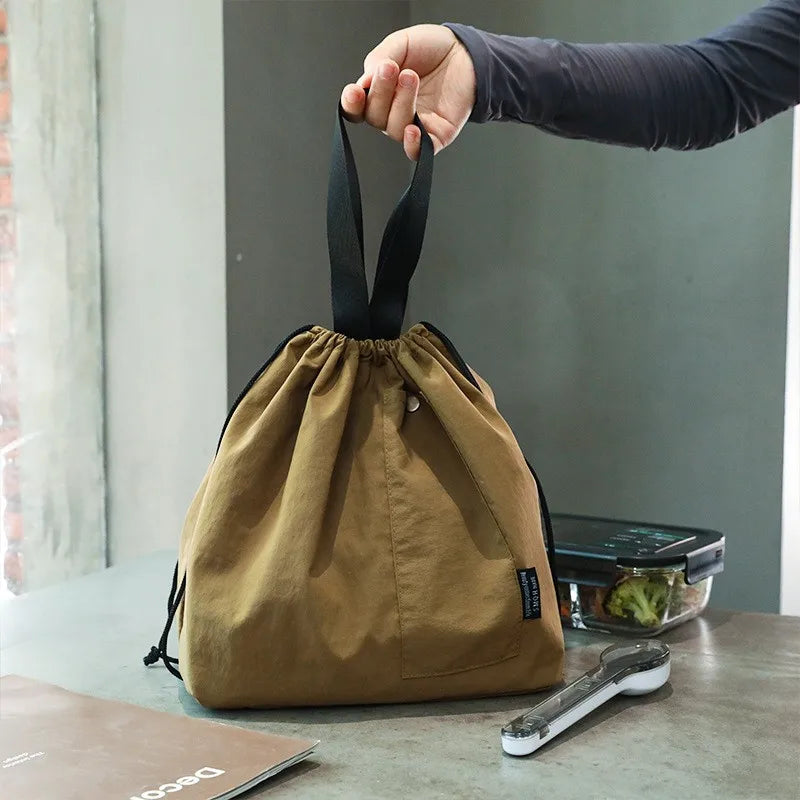 Japanese Korean Lunch Bag Cotton Canvas Large Solid Color Drawstring Portable Thermal Insulated Picnic Storage Bento Box Bag