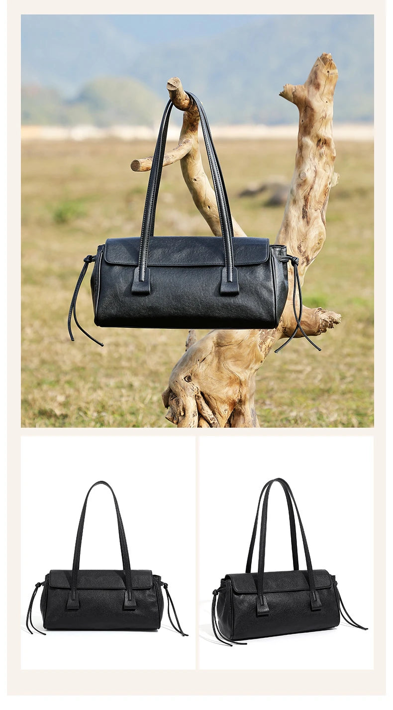 2025 New Genuine Leather Women's Shoulder Bag Large Capacity Cowhide Luxury Handbag Long Strip Black Baguette Bag Female