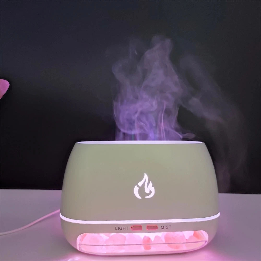 New 3D Flame Fire Aroma Air Humidifier Himalayan Crystal Salt Stone Colorful Night Light Aromatherapy Essential Oil Diffuser