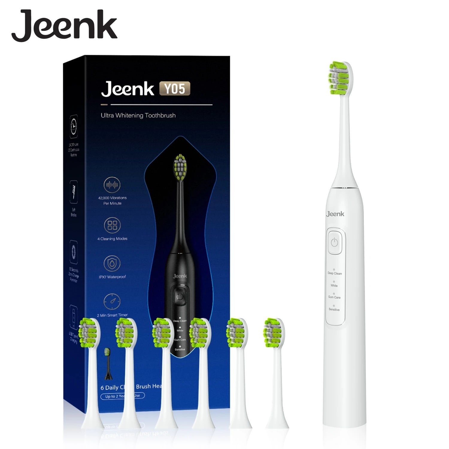 Jeenk JK-Y05 Sonic Electric Toothbrush 4 Modes USB Charger with 6 Replacement Heads Smart Timer Waterproof Soft Bristles Adult