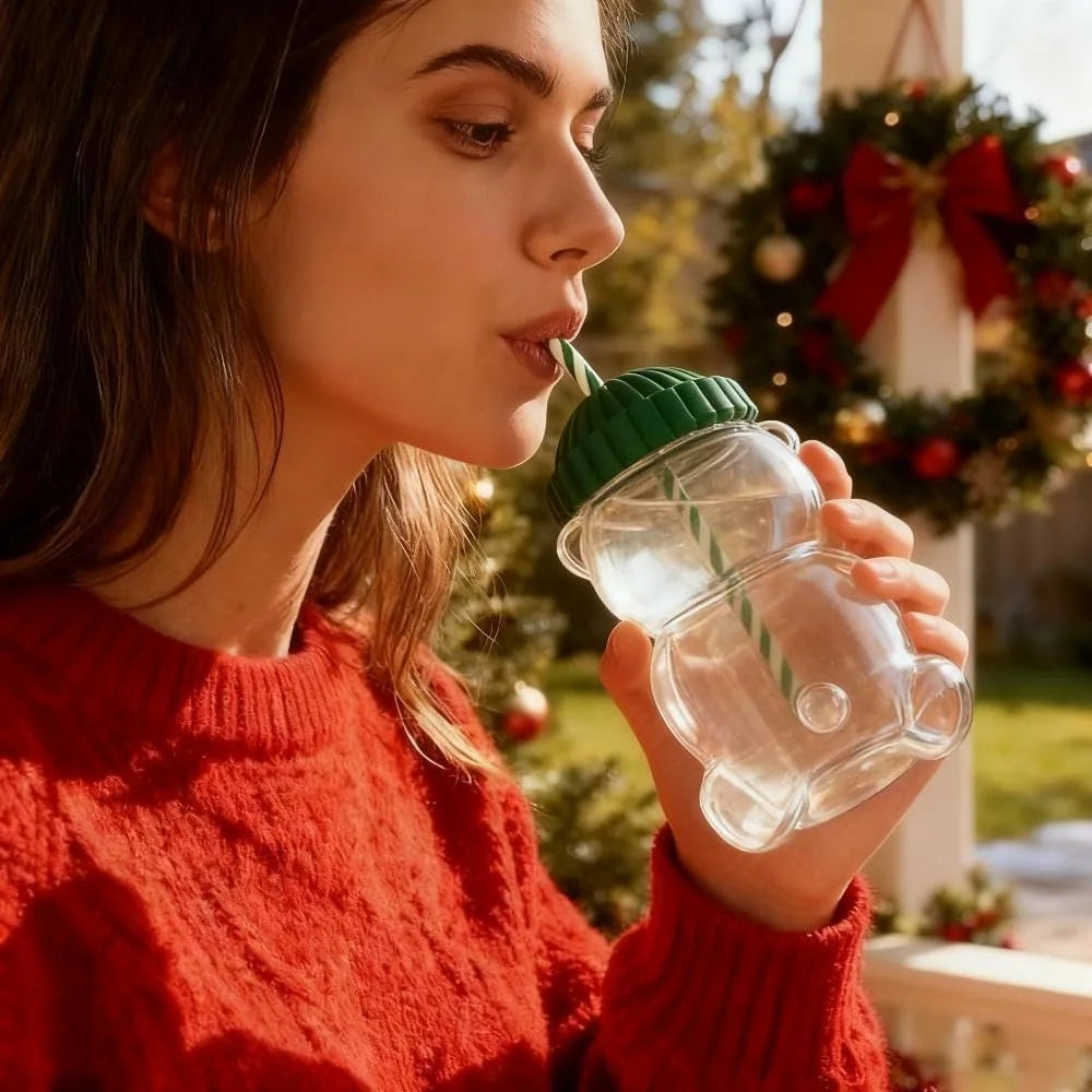 New Bear Straw Glass Cup Perfect for Juices,Milk Tea,Smoothies Water,Drinkware cup for Home, Bar & Office, Christmas Gift Idea