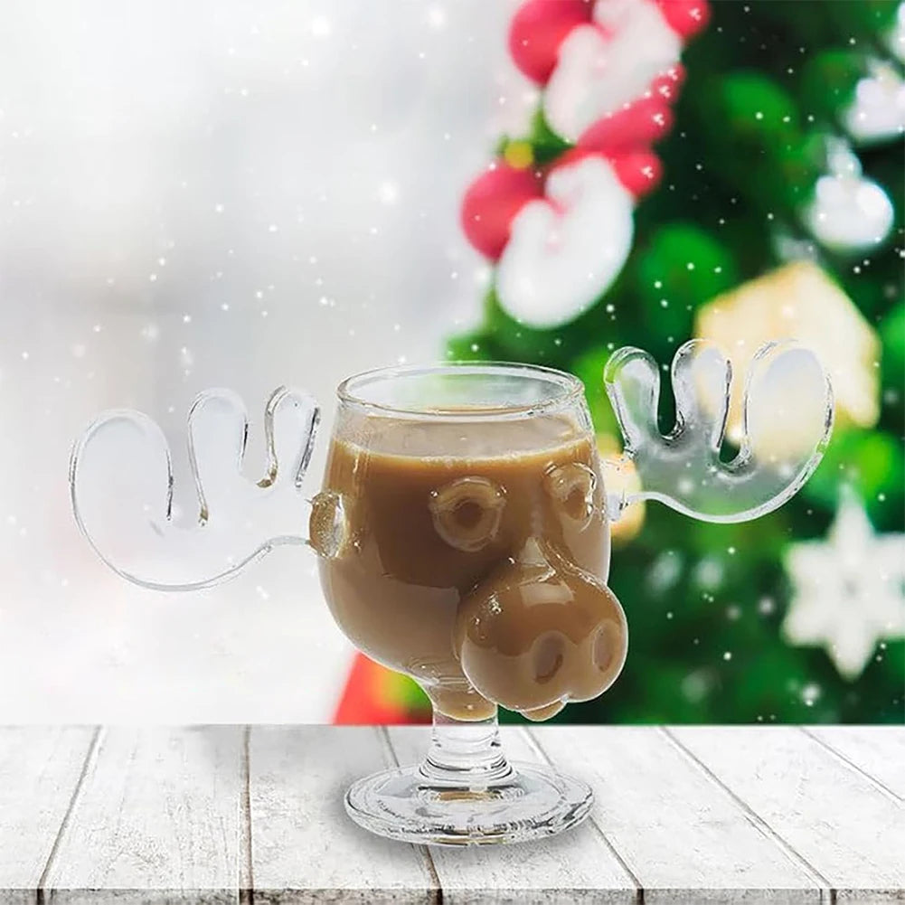 3-1PCS 240ml Christmas Vacation Eggnog Moose Mug Xmas Reindeer Head Creative Elk Glass Clear Wine Water Juice Milk Cup Drinkware