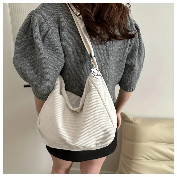 Women’s Corduroy Shoulder Bag Casual Striped Large Capacity Tote with Zipper Closure, Cute Hat Patch, Perfect for Everyday Use