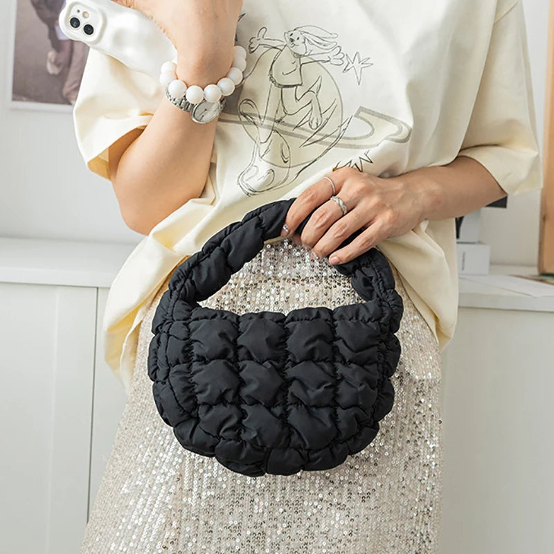 Candy bag Fashion Mini Puffer Tote Bag Quilted Circle Phone Purse  Elegant  Soft Nylon Padded Key Pouch Simple Trend Handbag