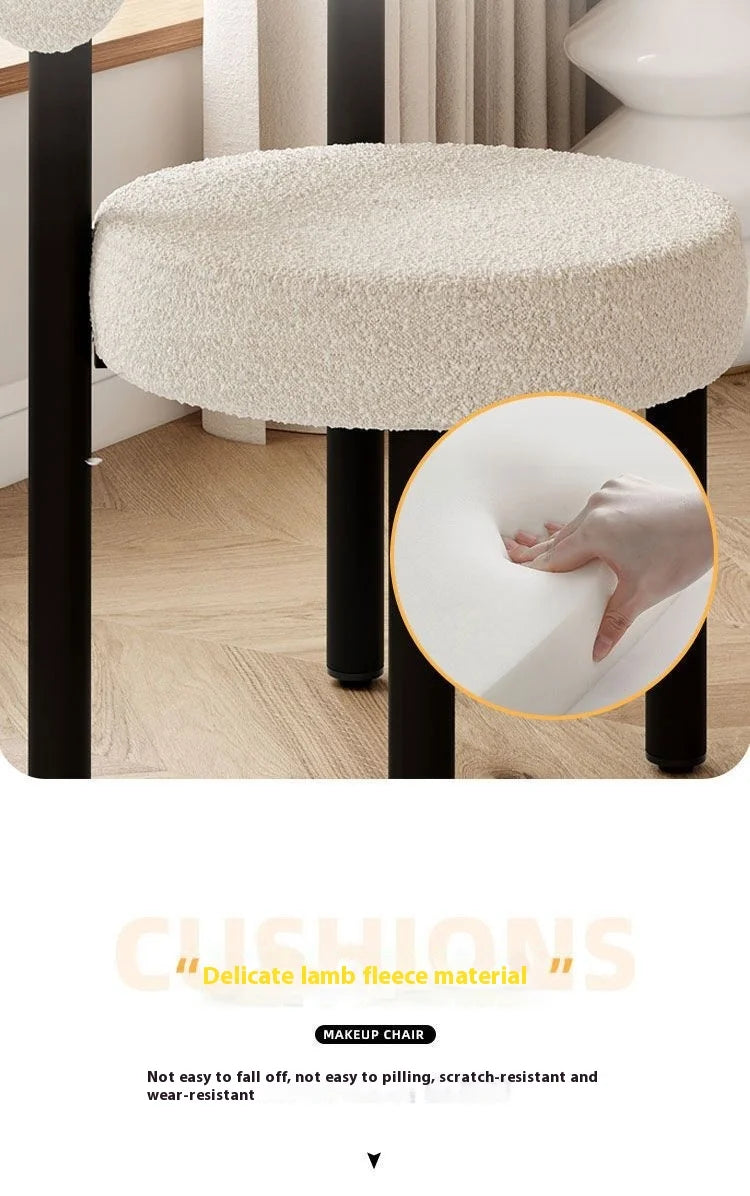 Cloud Vanity Stool Plush Lambwool Round Silhouette, Bedroom Makeup Chair with Designer Cloud Aesthetic Ergonomic Lumbar Support