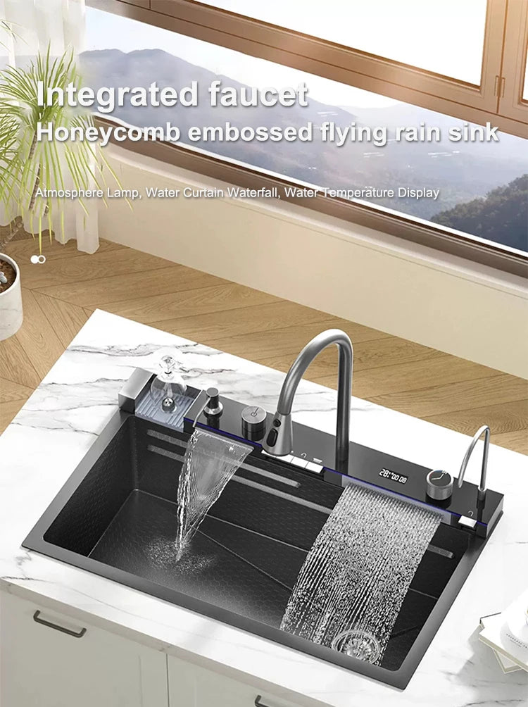 Kitchen Sink Stainless Steel Waterfall Sinks Extra Large Single Slot with Digital Display Faucet Set For kitchen