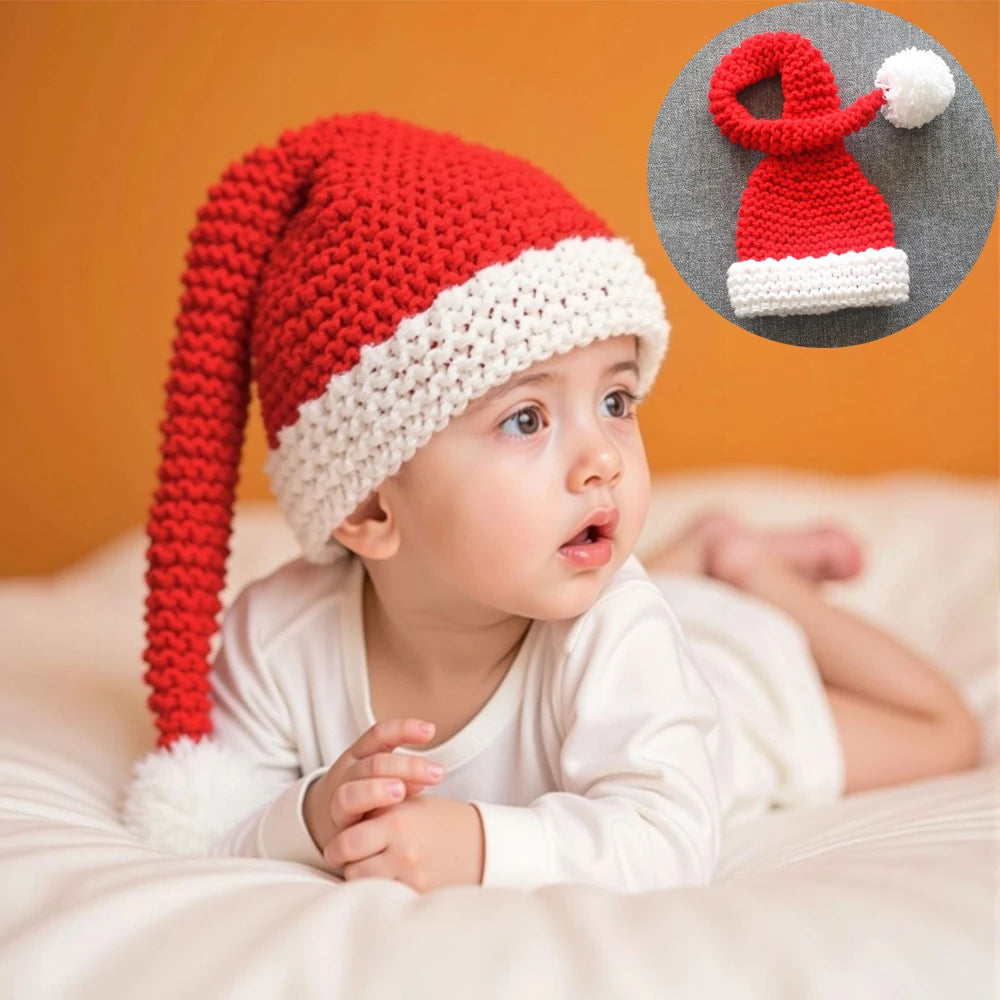 Christmas Theme Newborn Photography Props Soft Knitted Red Long Tail Fur Ball Christmas Hat Studio Baby Photoshoot Accessories