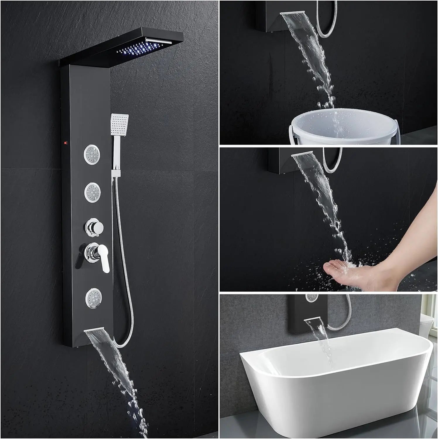 KEMAIDI LED Shower Panel Tower System with Rainfall Waterfall Shower Black Shower Panels with Jets and Rainfall and Handheld
