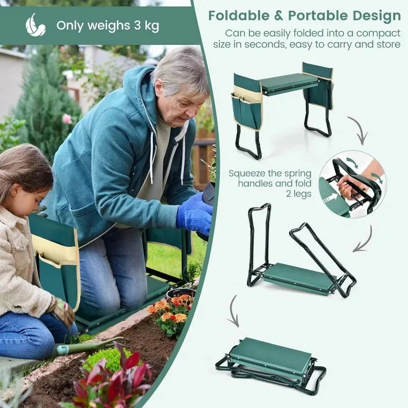 Garden Kneeler and Seat Foldable Kneeling Stool with Thicker Foam Pad Heavy Duty Bench with Tool Pouch Gifts for Fishing Green